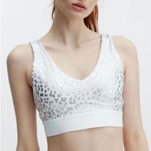 Fabletics Convertible Cheetah Print Stealth Foil Halter Bra Top White Silver